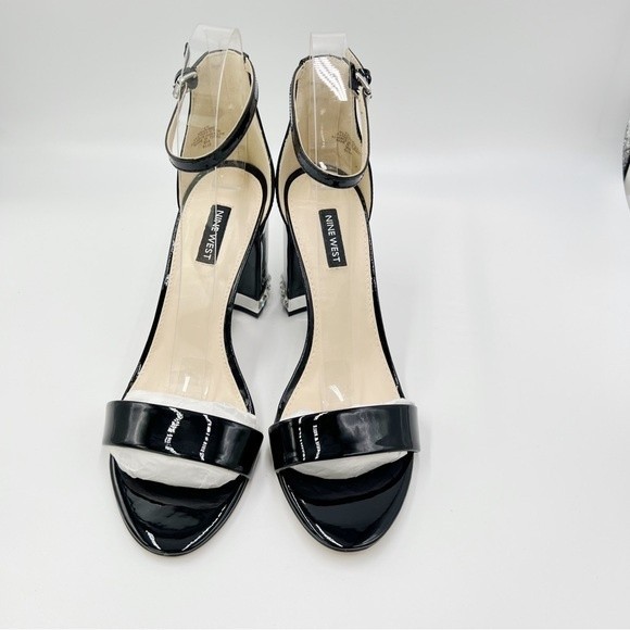 Nine West Size 8 Abigail Black‎ Patent Leather Jeweled Block Heel Dress Sandals - Picture 3 of 13